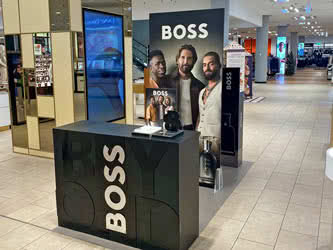 A Boss-branded visual merchandising display inside a shopping centre