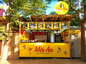 Food stall showing menus and business signage, belonging to Moi An Viet Street Food, view from front